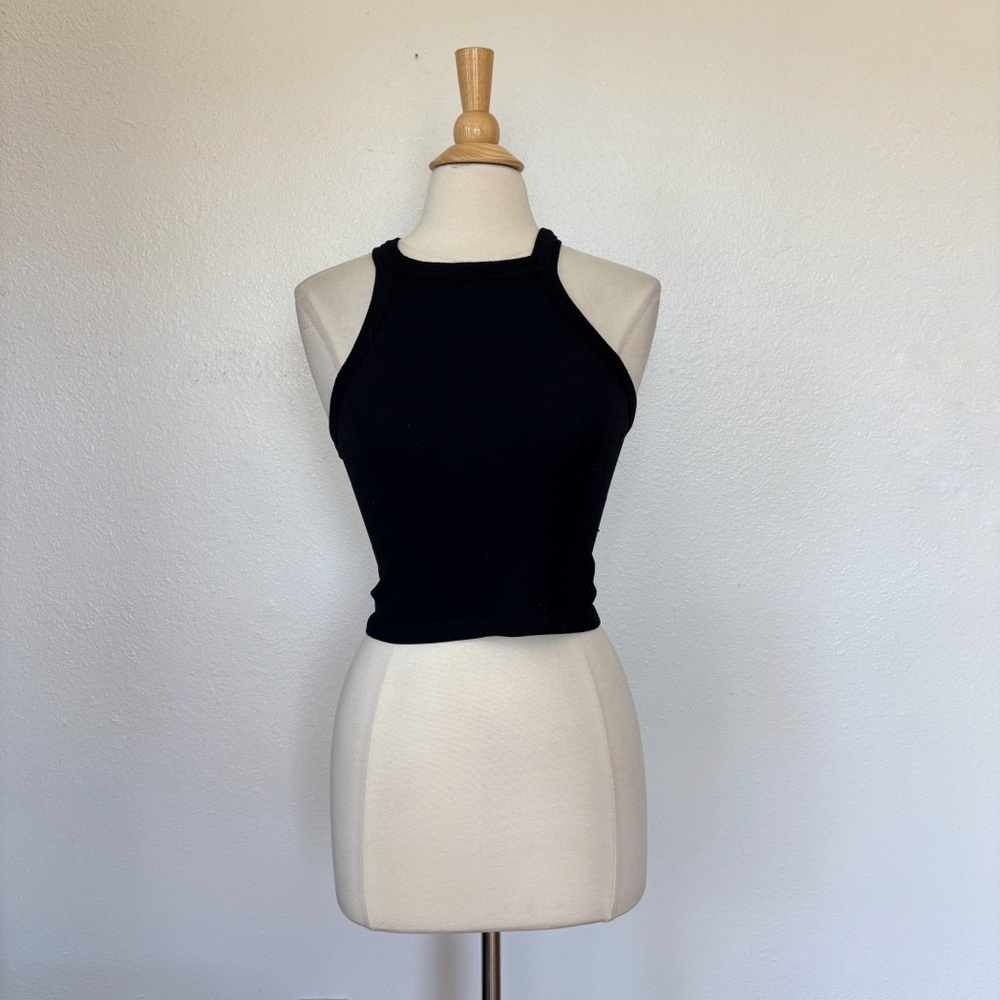 Solid Black Ribbed Halter Tank Top